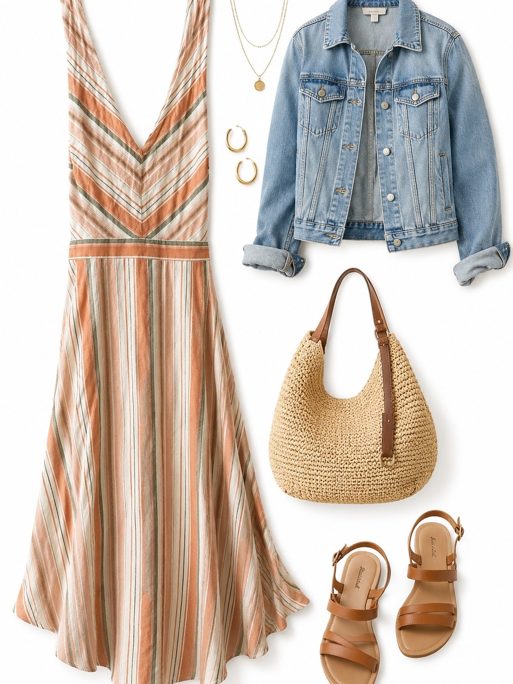 Gilli Striped V-Neck Maxi Dress in Peach, Cream and Green